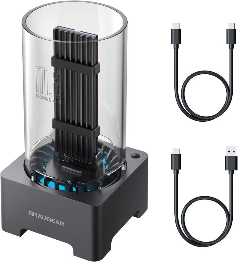 GRAUGEAR M.2 NVMe SATA PCIe SSD Enclosure Adapter Docking Station with Cooling Fan, USB3.2 Gen2 10Gbps M.2 SSD External Case USB C, Support UASP and Trim, M2 NVMe NGFF M Key B+M Key, RTL9210B Chipset - Image 1